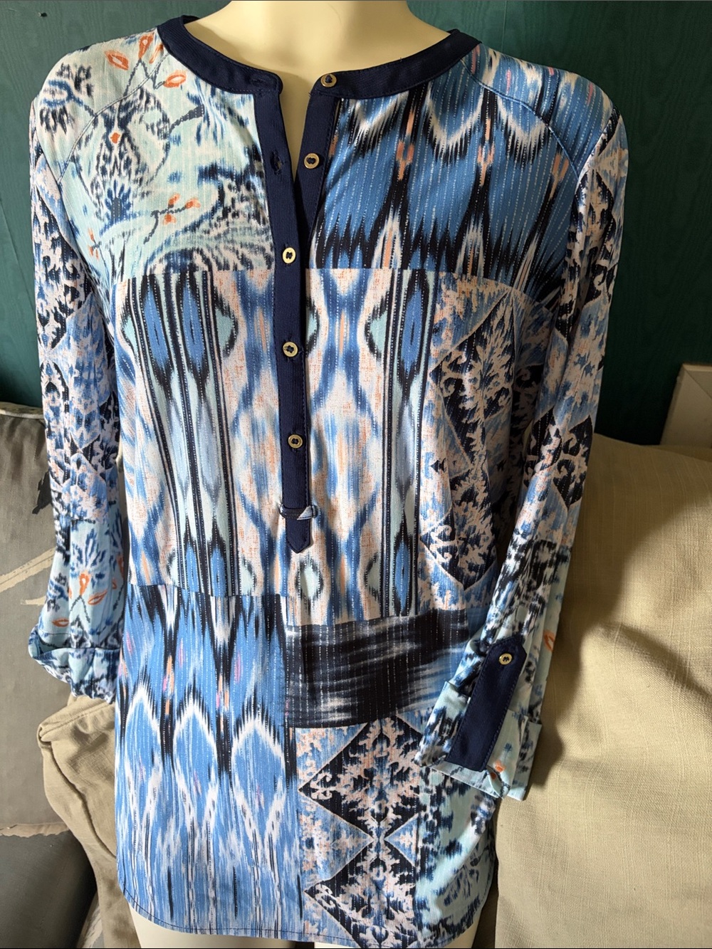 Nygard Blue Patchwork-Print Long-Sleeve Henley Shirt by
